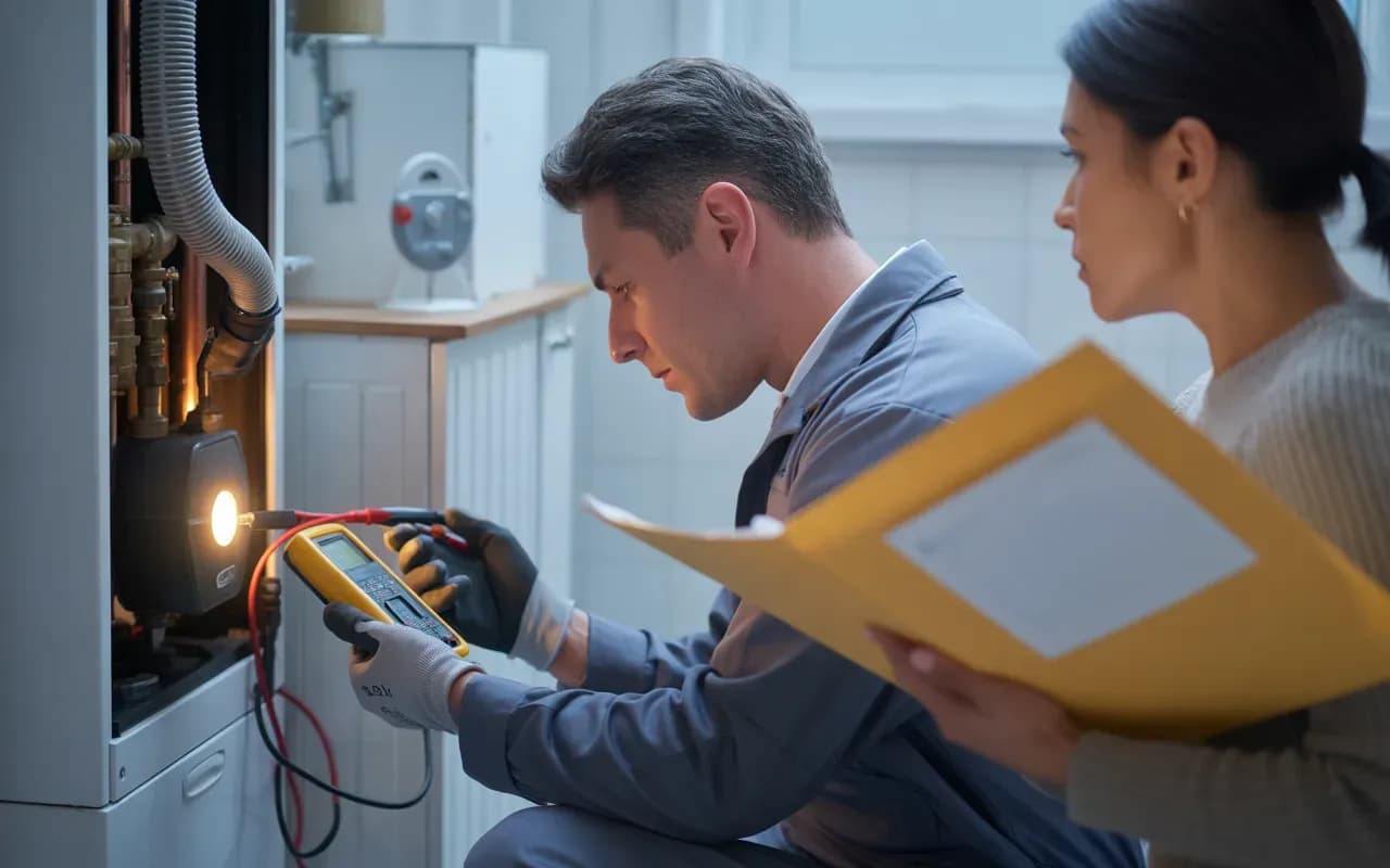 Technicien chauffagiste inspectant une chaudière gaz murale ouverte dans une cuisine moderne lumineuse, avec lampe et multimètre, propriétaire tenant un dossier vierge, ambiance rassurante et réaliste — EkoEnergy