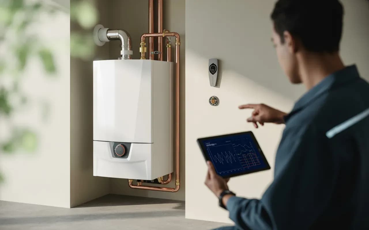 Buanderie moderne lumineuse avec chaudière murale gaz à condensation blanche, tuyauterie cuivre, technicien neutre tenant une tablette à graphiques abstraits, thermostat domotique et trois appareils de designs variés pour comparatif sans marque – EkoEnerg