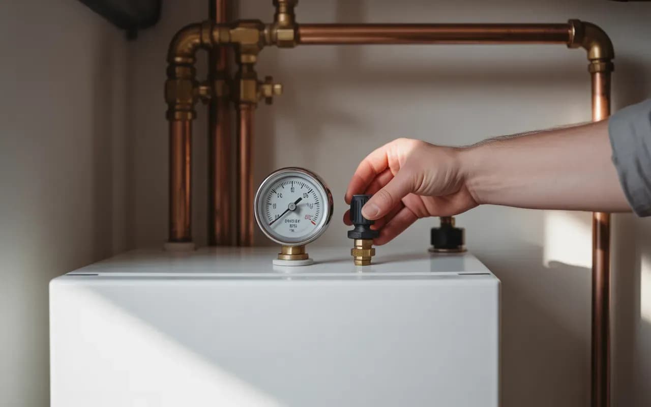 Vignette photoréaliste 16:9 d’une chaudière murale blanche en buanderie moderne, manomètre indiquant une pression basse et main d’adulte ajustant la vanne de remplissage pour dépannage chauffage – EkoEnergy