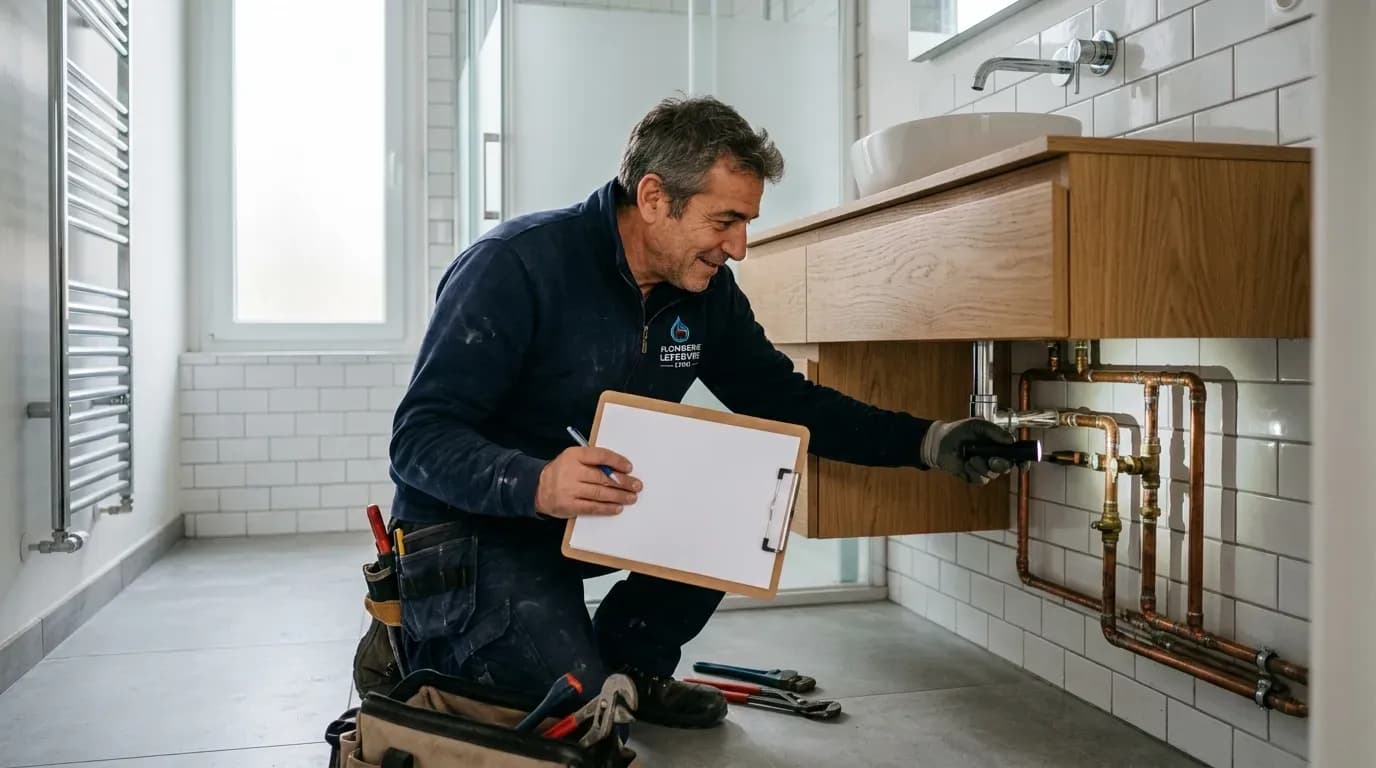 Plombier français inspectant des tuyaux en cuivre, clipboard vierge, salle de bain DTU