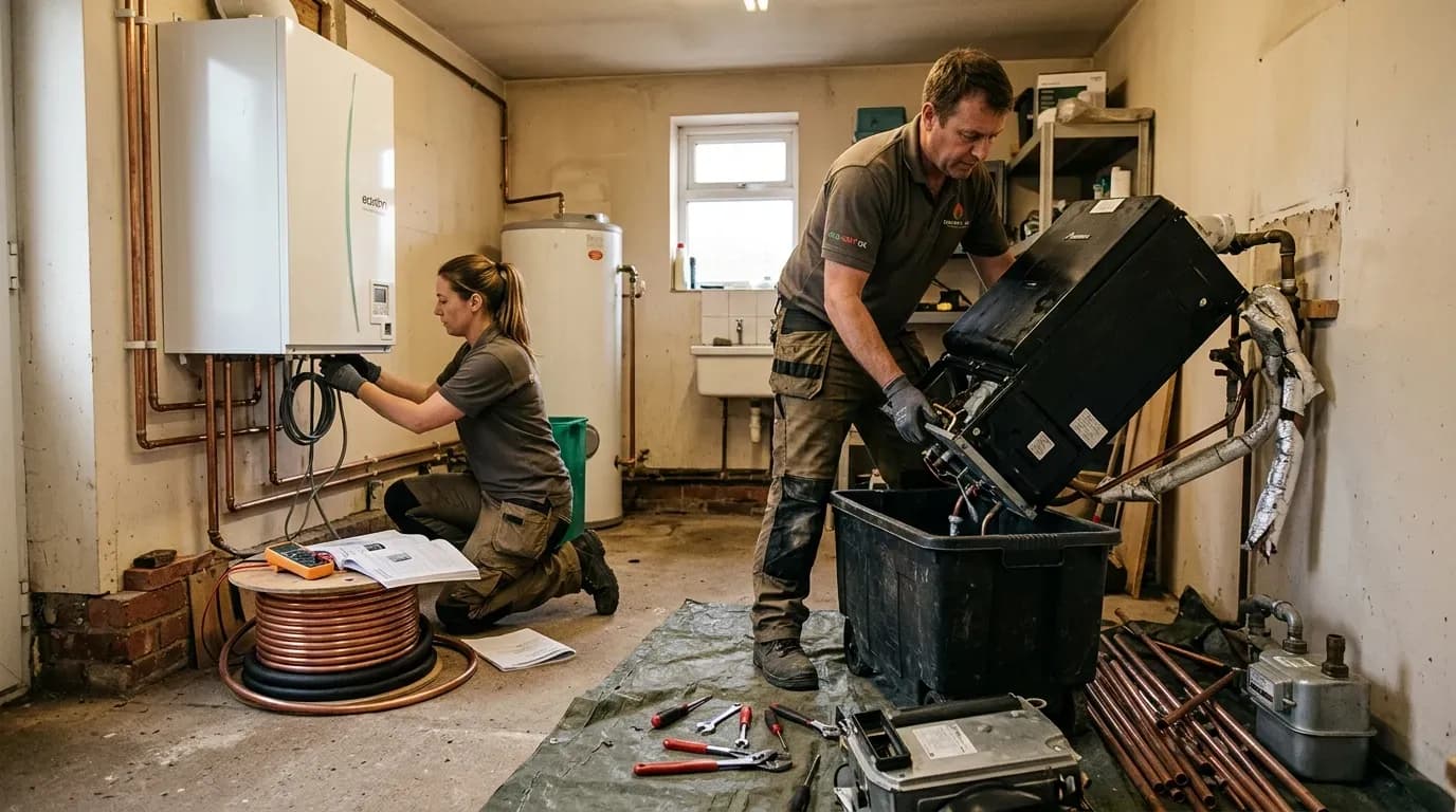 Technicien retire une chaudière gaz tandis qu’une pompe à chaleur est installée, 2026
