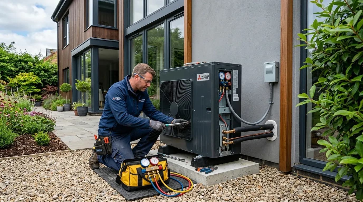 Technicien installe une pompe à chaleur extérieure près d’une maison moderne, raccordements visibles.