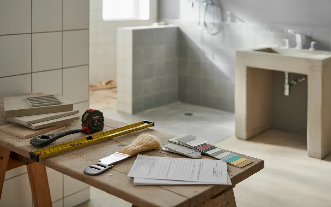 Vignette photoréaliste 16:9 d’une salle de bain en rénovation avec outils au premier plan (mètre ruban, niveau à bulle, carreaux, spatule crantée, nuancier, devis papier illisible) et arrière-plan légèrement flou (mur partiellement carrelé, douche à l’ita