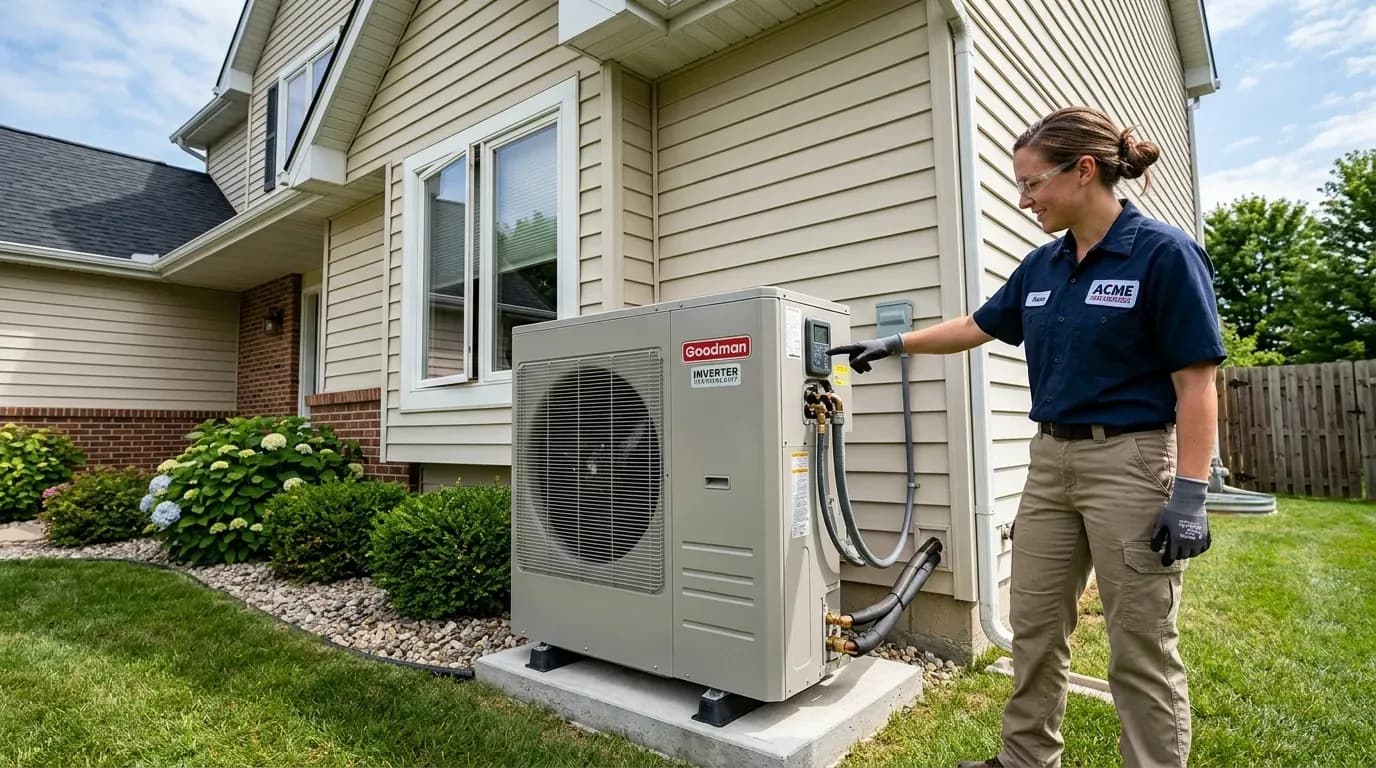 Technicien montrant une pompe à chaleur extérieure près d’une maison en plein jour