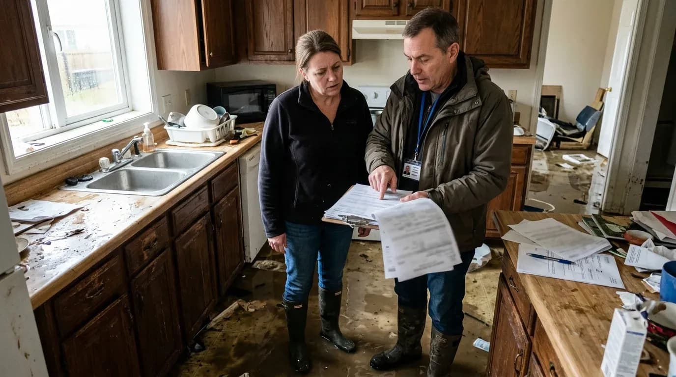 Propriétaire et agent d’assurance inspectant cuisine inondée, papiers flous, lumière naturelle.