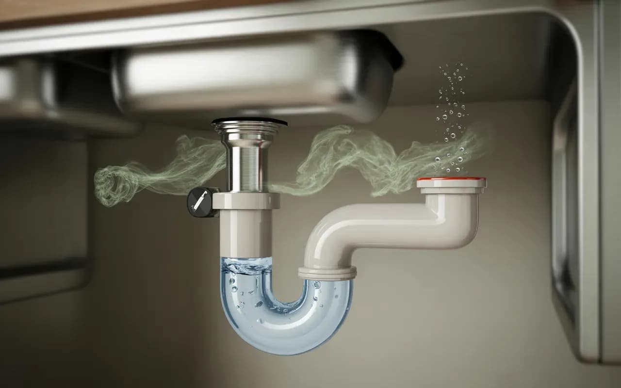 Illustration 3D photoréaliste en coupe d’une canalisation sous évier avec siphon en U rempli d’eau, clapet anti-retour et colonne de ventilation bloquant les odeurs (vapeur verdâtre) et montrant bulles de pression, cuisine moderne nette — EkoEnergy