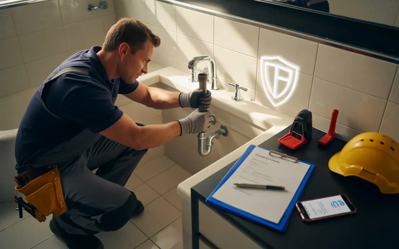 Vignette photoréaliste 16:9 EkoEnergy : plombier professionnel accroupi dans une salle de bain moderne, contrôlant un raccord sous lavabo avec clé à molette, dossier contrat/assurance sans texte, tampon, stylo, smartphone générique et casque de chantier,