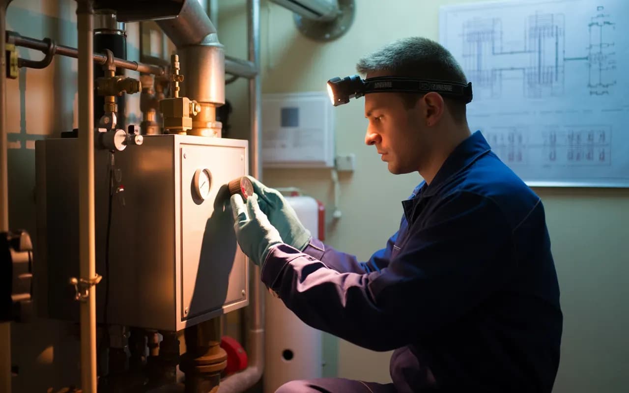 Technicien(ne) en tenue bleu/gris inspectant une chaudière collective et des manomètres dans une chaufferie propre d’immeuble en copropriété, maintenance préventive du chauffage central – EkoEnergy