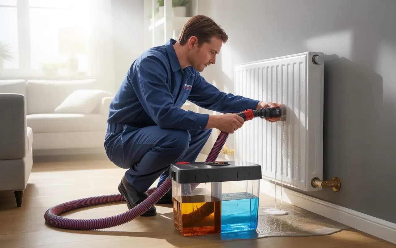 Chauffagiste EkoEnergy réalisant un désembouage de chauffage sur radiateur mural, machine de flush avec flexibles rouge et bleu, fluide sombre passant à clair dans une cuve transparente, intérieur moderne lumineux en arrière-plan flou.